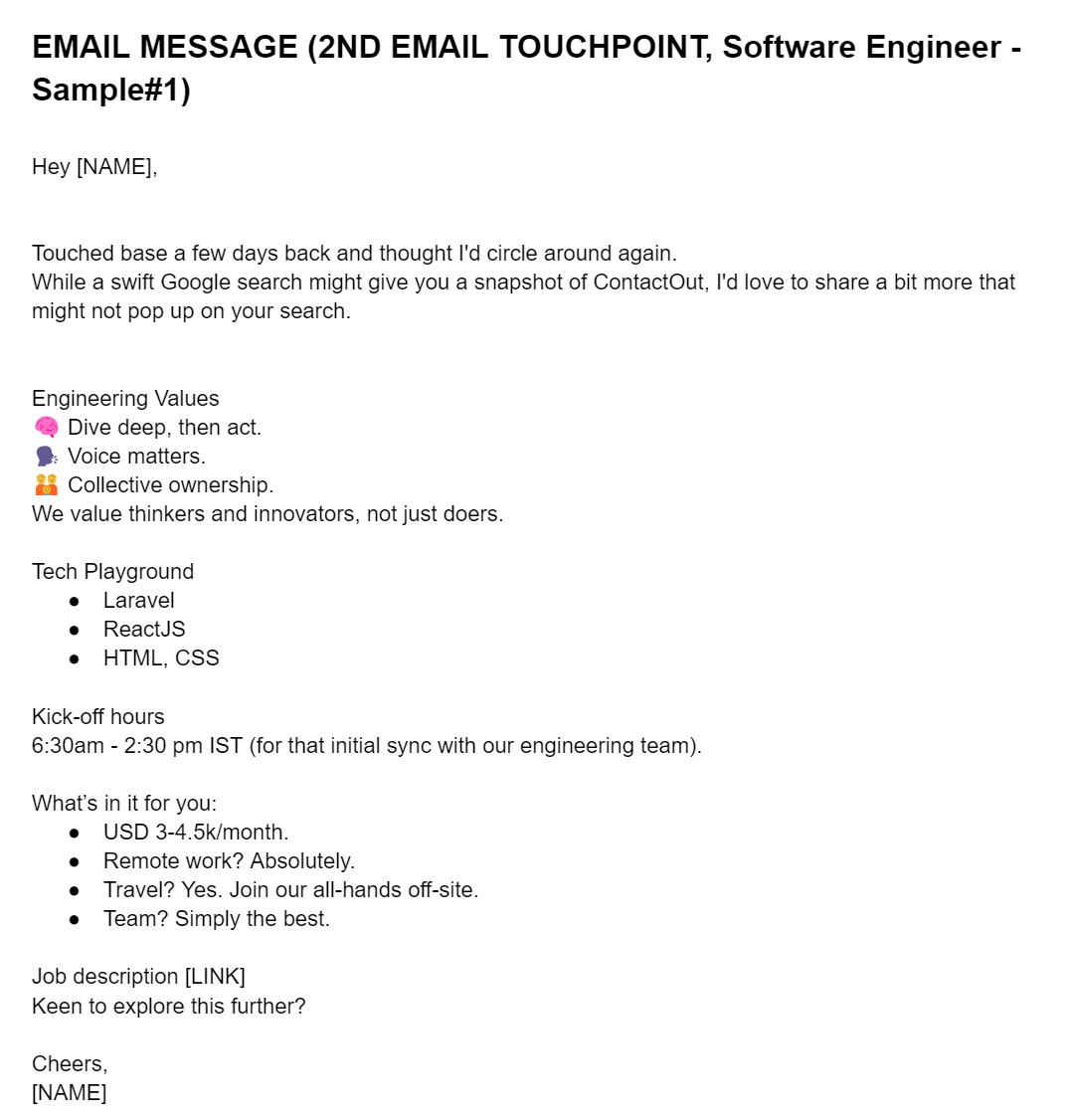 Email message (2nd touchpoint, software engineer sample 1)