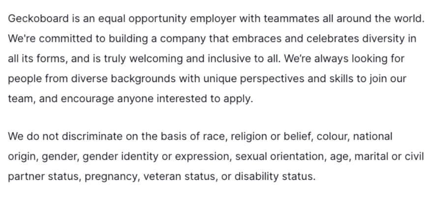 Diversity commitment statement from a Geckoboard job description