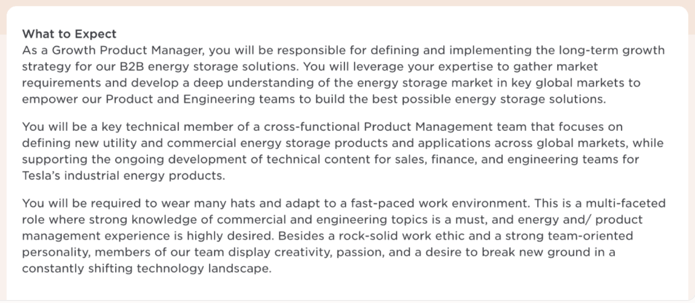 Tesla's Growth Product Manager job description.
