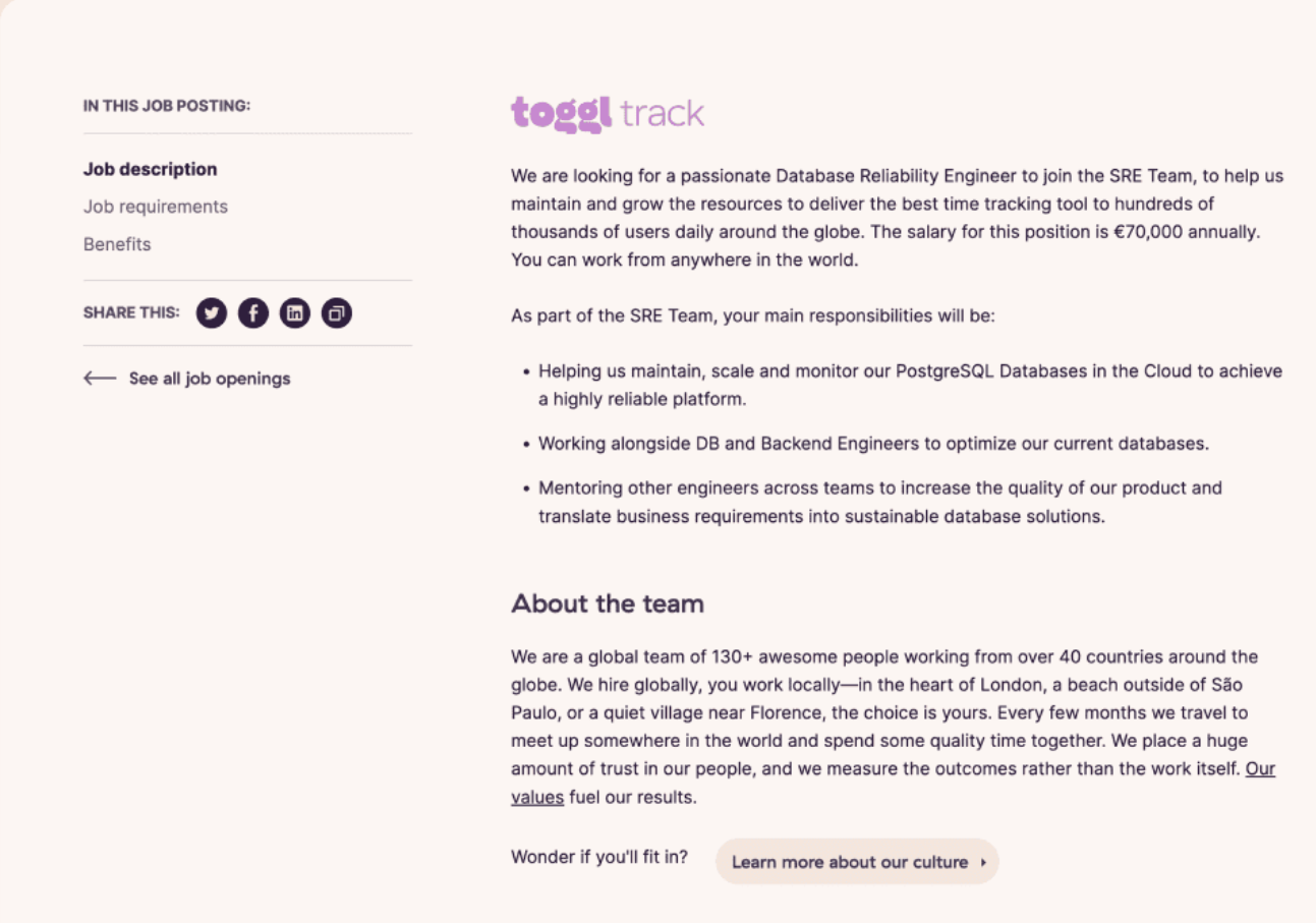 Toggl's Database Reliability Engineer job description.